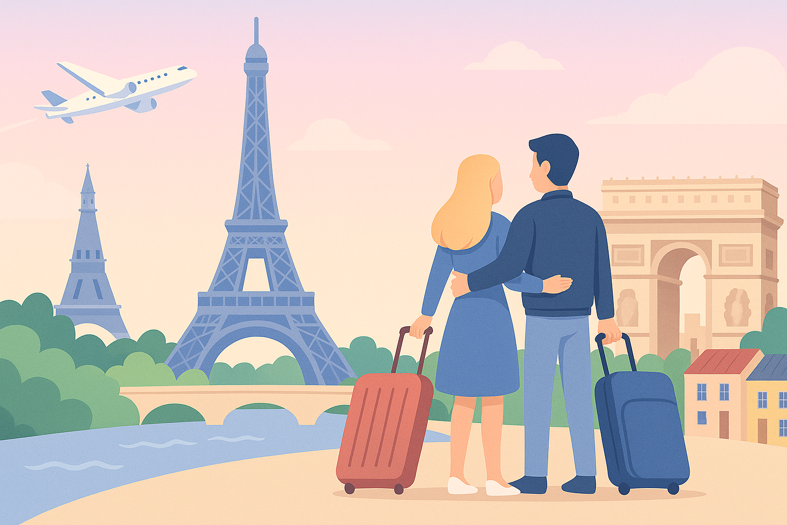 Suomalainen pariskunta Pariisissa, Eiffel-torni ja Riemukaari taustalla. Kuvitus Pariisiopas.fi-matkailusivustolle.