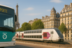 Pariisin julkinen liikenne – SNCF-juna ja bussi Eiffel-tornin lähellä aamuliikenteessä.